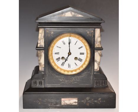 19thC slate mantel clock in architectural style case with marble decoration, enamel Roman dial with beetle and poker hands an