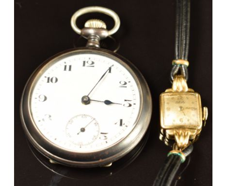 Nivia 18ct gold ladies wristwatch with gold hands and Arabic numerals, silver dial and 16 jewel movement, on black leather st