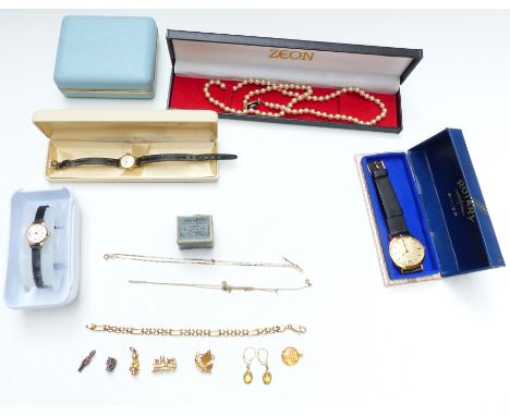 A collection of jewellery including Rotary watch, 9ct gold chain (2g), etc