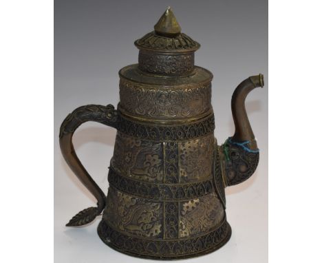 An oriental relief moulded metal sectional teapot, possibly Chinese / Tibetan&nbsp;