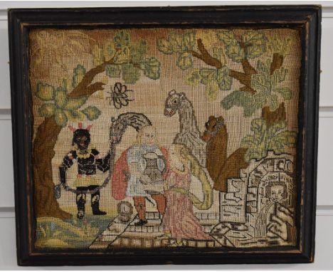 18th/19thC embroidery sampler decorated with figures and exotic animals