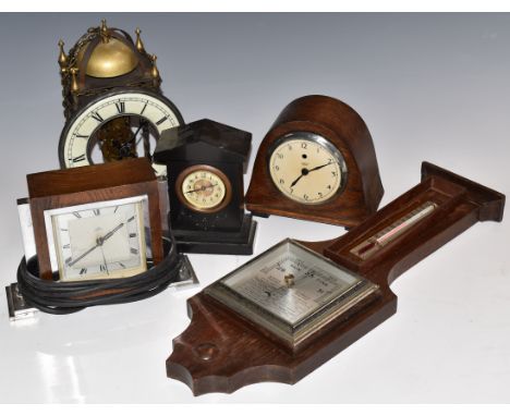 Four small late 19th and early 20thC mantel clocks to include a skeleton lantern example, a slate mantel clock and two electr