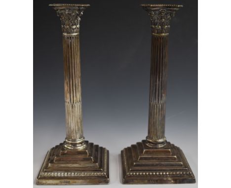 Victorian pair of hallmarked silver Corinthian column candlesticks, London 1896, maker Harrison Brothers &amp; Howson, height