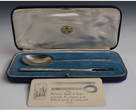 Replica historic hallmarked silver spoon and fork set, the originals being the Manner's spoon and fork of the Rutland family 