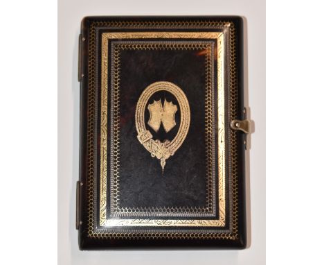 Tortoiseshell piqué work purse having gold and silver inlaid decoration including coat of arms to rear, the interior having t