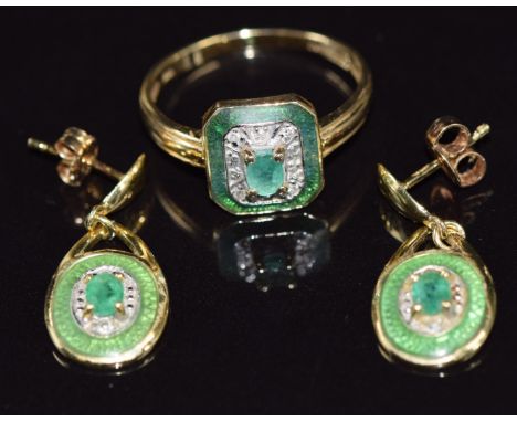 A 9ct gold ring set with an emerald, diamond and enamel, with matching earrings&nbsp;