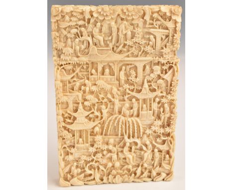 Chinese 19thC ivory card case profusely carved with figures, boats and court scenes, 12 x 8cm&nbsp;