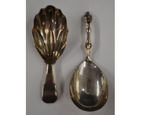 Two hallmarked silver caddy spoons, one Georgian fiddle pattern with shell shaped bowl, London 1808, maker&nbsp;Josiah Snatt,