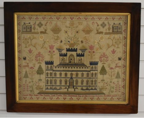 Georgian sampler / embroidery of a large house, flora and fauna (possibly Galston Castles and Mansions, Ayrshire or Loudon Ca