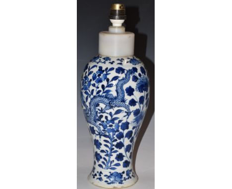 Chinese 19thC blue and white vase converted to a lamp with four character mark to base and dragon decoration, H32cm&nbsp;