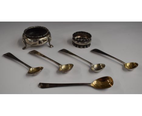 Hallmarked silver three footed open salt together with five Victorian hallmarked silver salt and mustard spoons including two