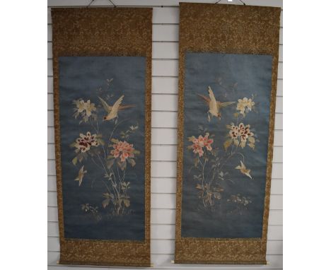 Pair of 19th/20thC Chinese scroll embroideries, 112 x 51cm