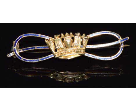 A 15ct gold brooch in the form of a coronet on blue enamel set bow, 3.5g