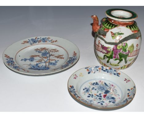Two 19thC Chinese export shallow dishes and a famille verte covered teapot decorated with figures riding a dragon, tallest 16