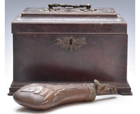 19thC mahogany tea caddy with ornate metal escutcheon and handle, W26 x D15 x H21cm, together with a copper shot flask