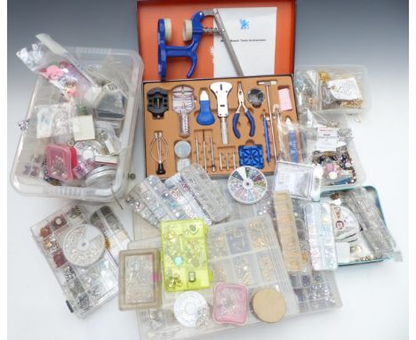 A collection of costume jewellery, jewellery repair items, watch repair tools, etc&nbsp;