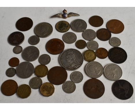 1889 silver crown, sundry coinage and a silver and enamel RAF badge