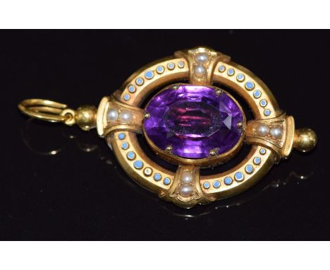 Victorian pendant/ brooch set with an oval cut amethyst, enamel and split pearls, 5.5cm x 3cm, 14.5g
