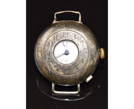 Continental silver gentleman's trench style half hunter wristwatch with inset subsidiary seconds dial, blued skeleton hands, 