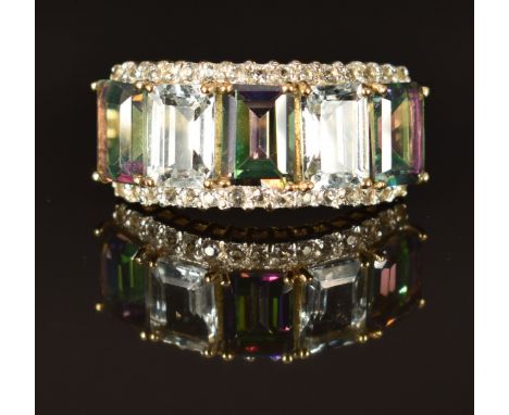 A 9k gold ring set with aquamarine, mystic topaz and white topaz, size M, 4.2g&nbsp;