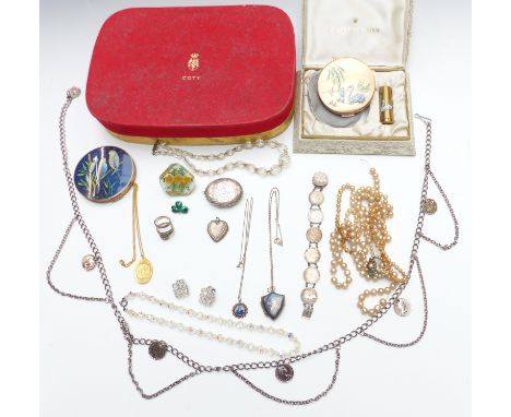 A collection of costume jewellery including silver gilt necklace, Victorian silver locket, silver heart locket, Siam silver l