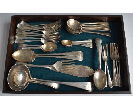 Hallmarked silver canteen of Old English pattern cutlery comprising two basting spoons, six table spoons, four dessert spoons