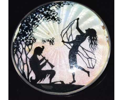 Norwegian silver brooch set with an enamel scene, 4.5cm