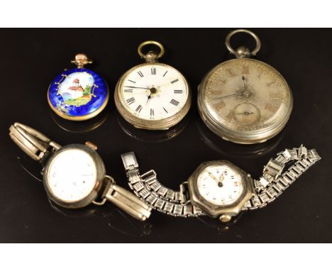 Five various pocket and wristwatches comprising one J&amp;C Schwerer hallmarked silver, one 800 silver, one keyless winding w