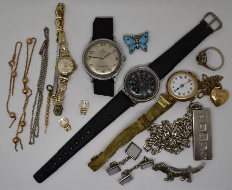 A 9ct gold heart locket, 9ct gold chain, silver ingot, silver chain, Timex watches, 9ct gold watch, etc&nbsp;