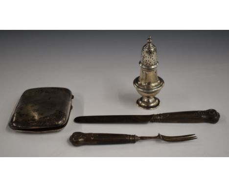 Hallmarked silver pepper, hallmarked silver cigarette case and hallmarked silver knife and fork, weight excluding knife and f