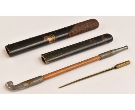A 19th/20thC lacquer Japanese case, opium pipe and accessory, impressed 'London', L21cm