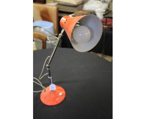 Anglepoise lamp, with red shade and base with chrome rods and ball sockets 