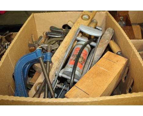Tools to include spirit levels, set squares, clamps, hand drills, hand scythe etc. (qty)