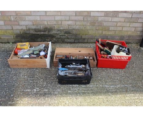 Collection of hand tools, to include pine toolbox, spanners, saws etc. (qty)