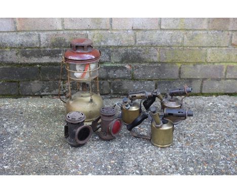 Three brass blowlamps by Max Sievert Stockholm, Bladon Birmingham and example with partially removed sticker to body, two bik