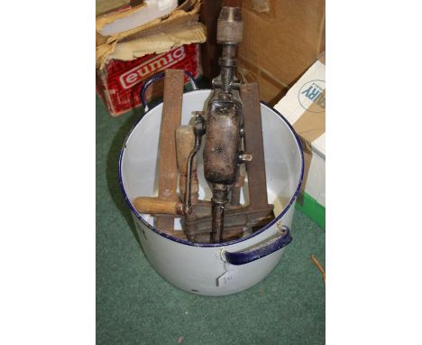 Shoulder drill, two wood clamps, enamel flour bin (4)