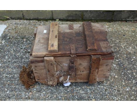 Collection of ten substantial metal pegs, housed in a wooden ammunition box (qty)
