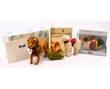 Steiff group including: (1) Leo Lion, white tag 035098, LE 1500, golden wool felt, jointed head, with a mohair mane and tuft 
