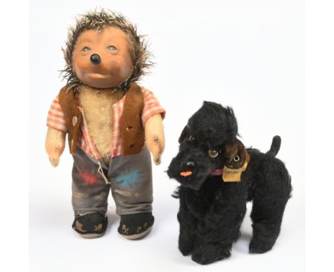 Steiff vintage Poodle and Mecki Hedgehog: (1) Steiff Snobby Poodle, yellow tag and button, plastic eyes and nose, black mohai