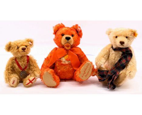 Steiff teddy bear trio including: (1) Mommey, white tag 655715, Giengen 2004, mohair, chest tag, 13"/33cm; (2) Bobby 1966 Com
