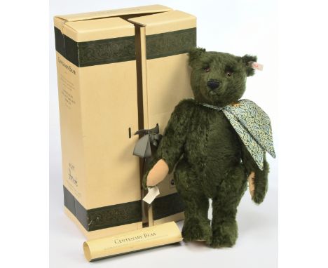 Steiff Harrods Centenary Bear, white tag 653148 (very slight yellowing), LE 2000, green mohair musical teddy bear playing The