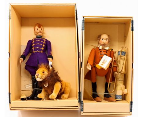 Steiff felt doll pair including: (1) Lion Tamer felt doll with mohair Lion, white tag 412073, LE 12000, lion has chest tag, c