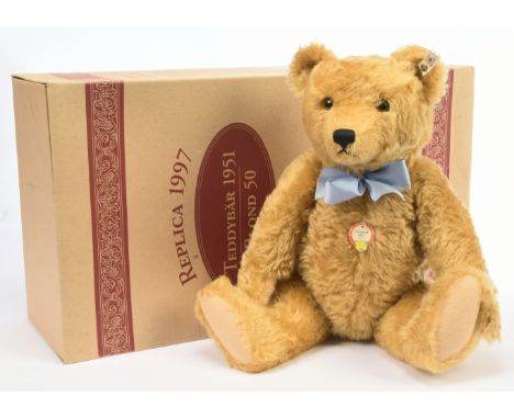 Steiff Teddy Bear 1951 blonde replica, white tag 408434, 1997, LE 4000, stain to neck ribbon, slight moth damage to Good Plus
