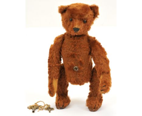 Gebruder Bing antique clockwork Walking Bear, German, c 1910, cinnamon mohair, also with rare tinplate lithographed DRPa DIV.