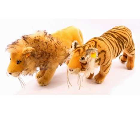 Steiff animal pair including: (1) Tiger, yellow tag 066290, mohair, chest tag, 15"/38cm long; (2) Lion, yellow tag 066726, mo