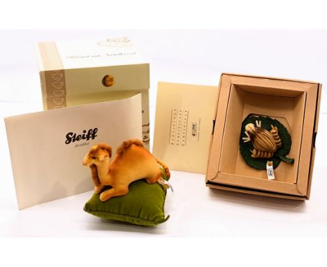 Steiff felt pin cushion pair including: (1) Camel on a Pin Cushion 1904 replica, white tag 420474, certificate, within Good P