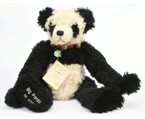 Hermann-Spielwaren Big Panda, LE 500, black and white mohair, with leatherette collar and bells, complete with swing label ce