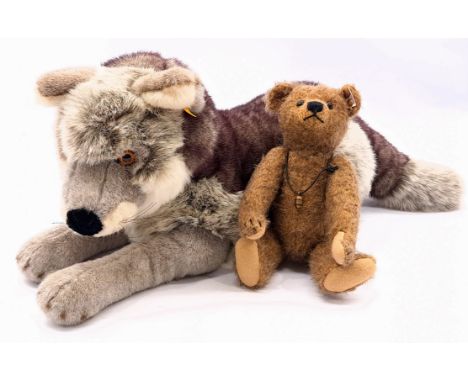 Steiff pair including: (1) Rattle Bear, white tag 656712, LE 75/1500, mohair, MISSING certificate, 12"/30cm; (2) Wolf, yellow