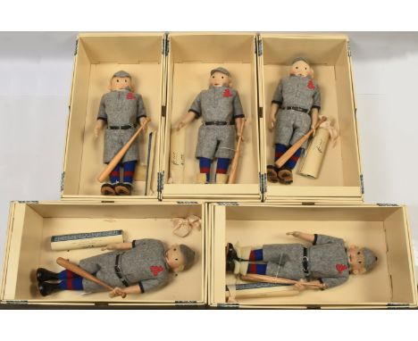 Steiff Baseball Player 1913 replica felt figure x five, white tag 411656, LE 1200, Good to Excellent, each complete with cert
