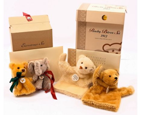 Steiff pair including: (1) Punchy Bear set replica 1912, white tag 400490, LE 5000, white mohair and beige mohair teddy hand 
